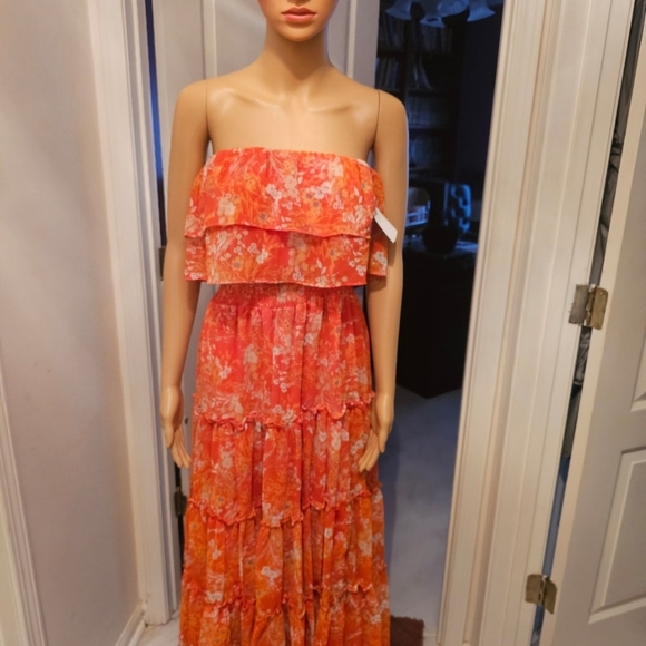 MSK Dresses & Skirts - MSK Orange Floral Strapless Ruffle Tiered Maxi Dress